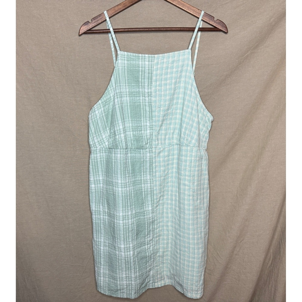 CottageCore Green Patchwork Gingham Plaid Cotton Linen Mini Dress XL